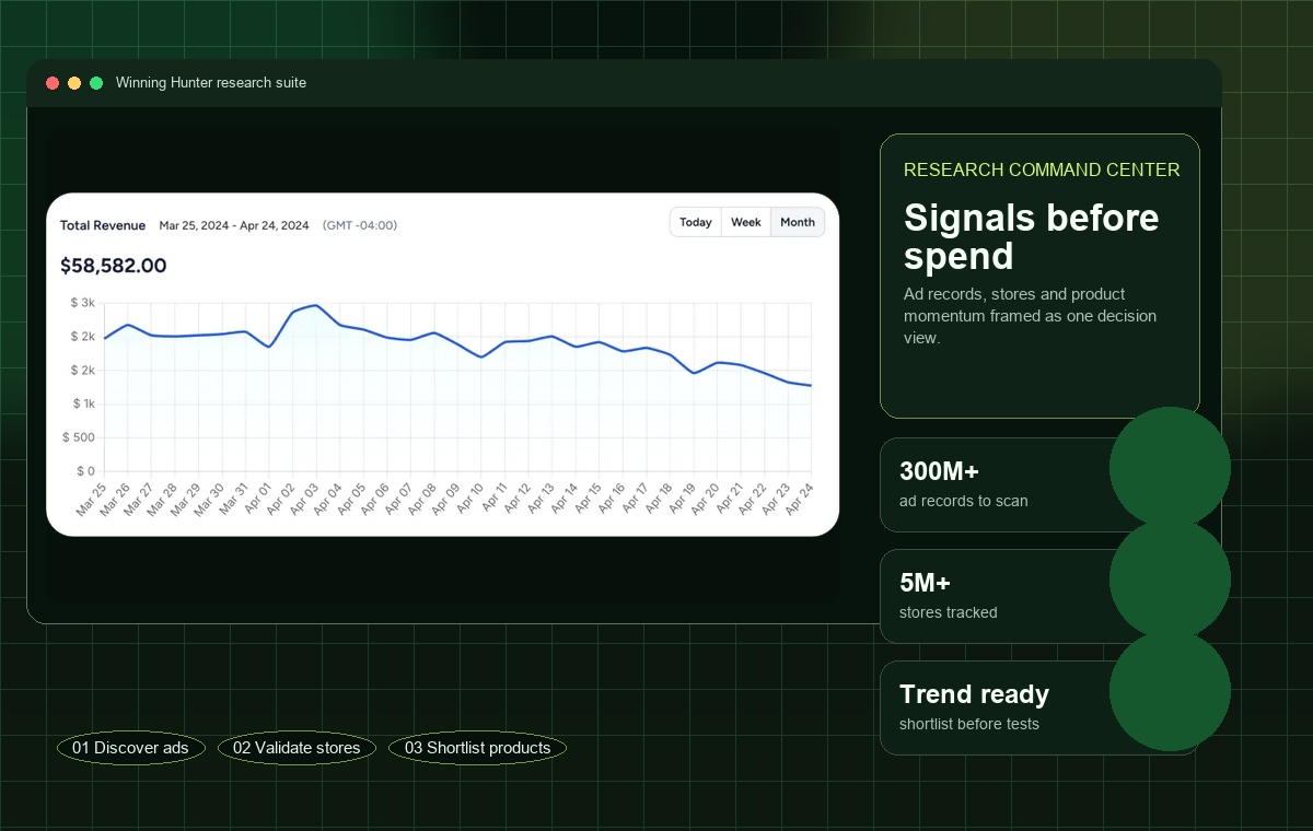 Winning Hunter dashboard overview for TikTok ad and product research