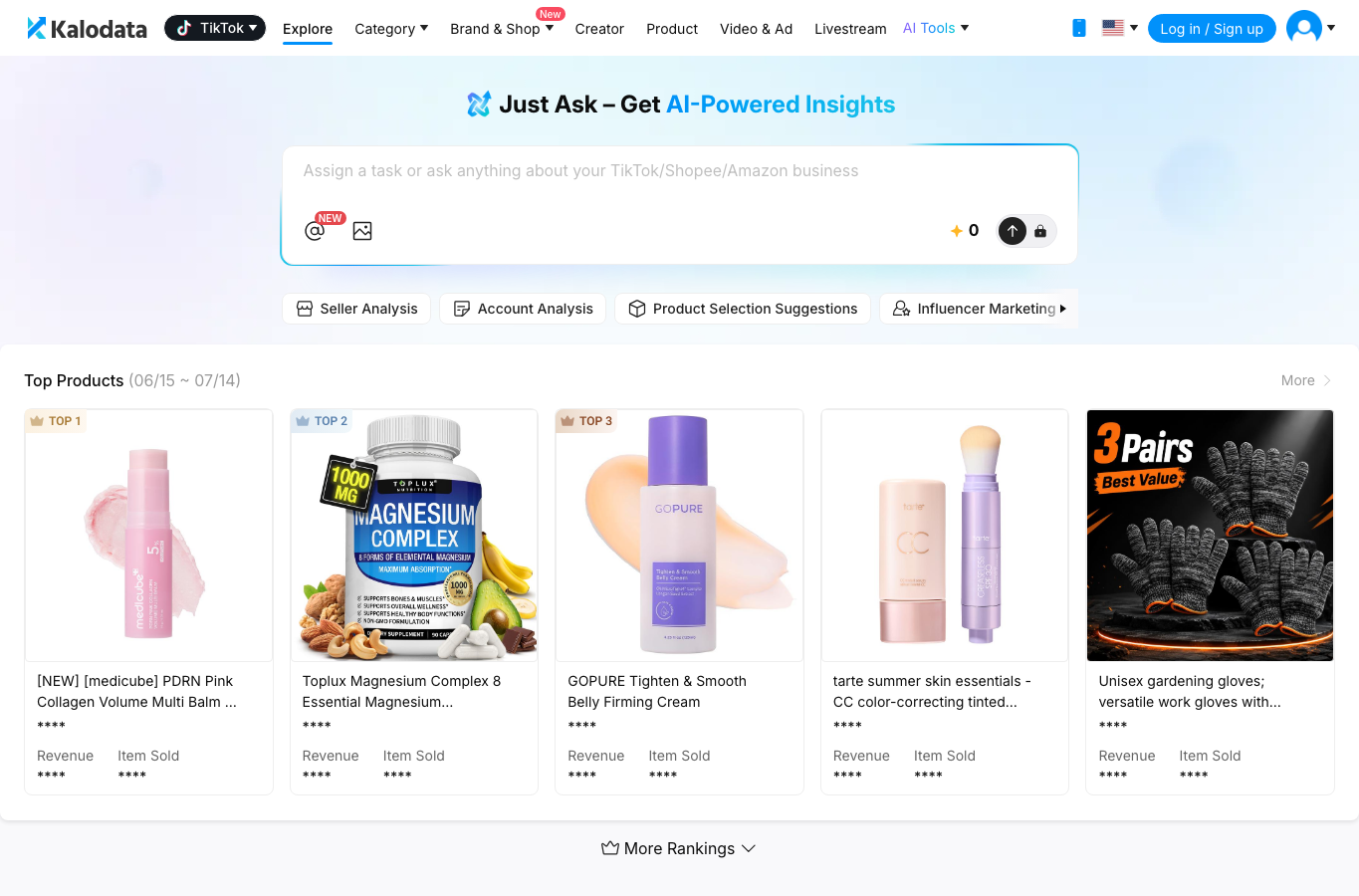 Kalodata TikTok Shop analytics interface for product and creator research