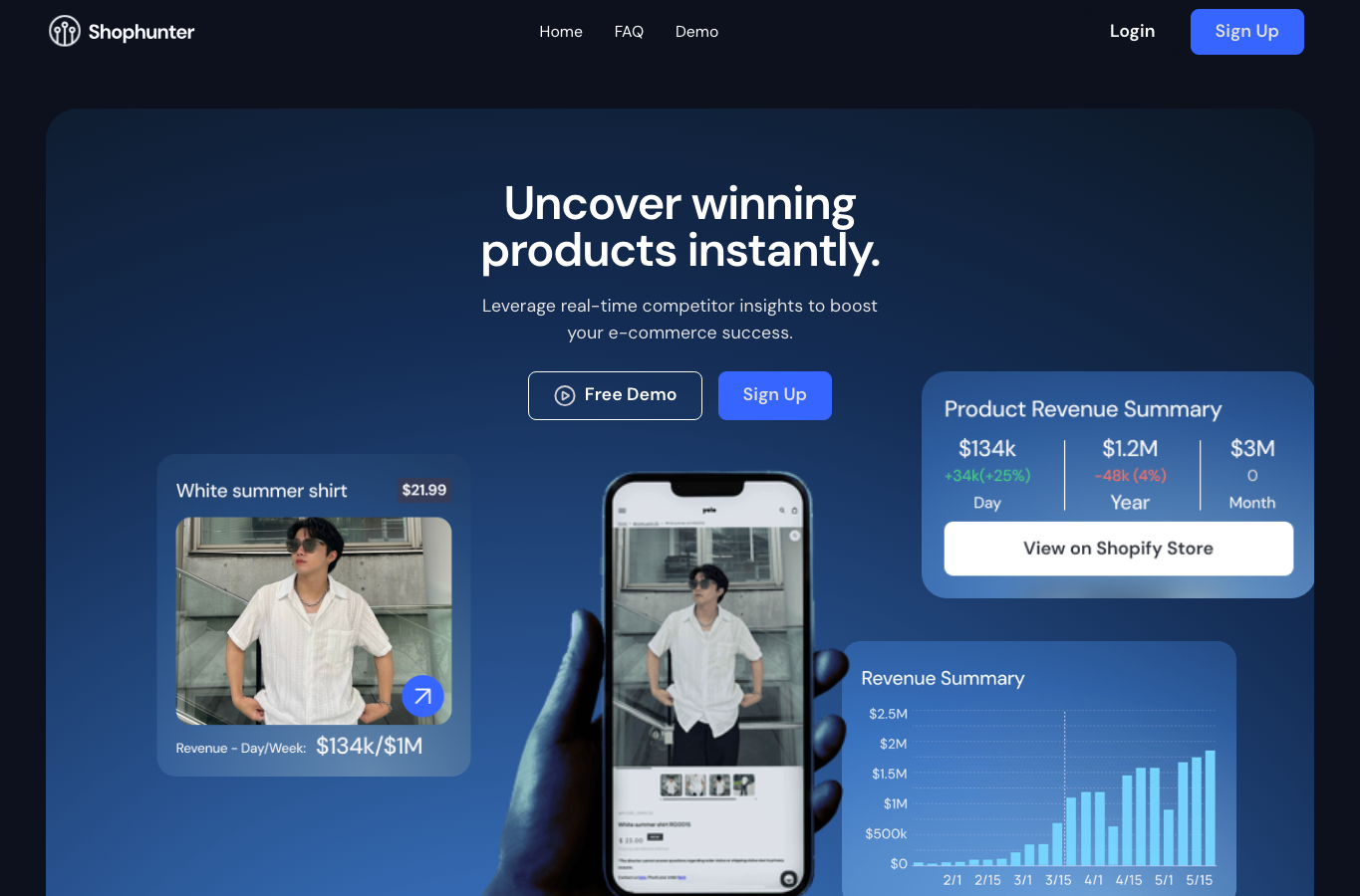 ShopHunter homepage screenshot showing Shopify store research, revenue signals, and product discovery features